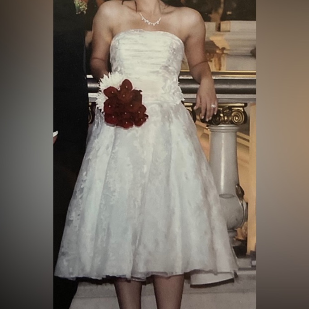 Size 4 tea length wedding dress. Floral detail with belt. professionally cleaned